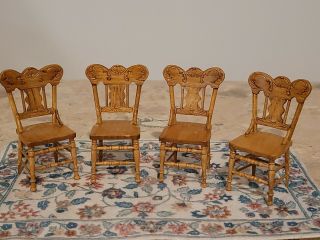 Dollhouse Miniature Vintage Reminiscence 4 Golden Oak Pressed Back Chairs Estate