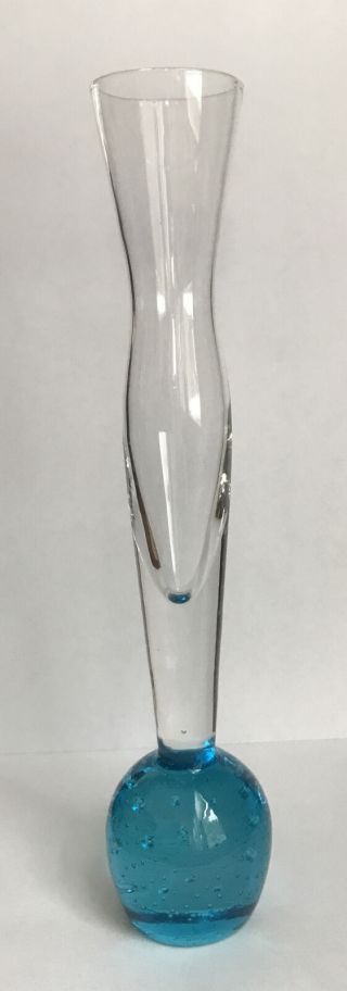 Art Glass Controlled Bubble Weighted Bottom Blue Bubble Paperweight 8” Bud Vase