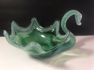 Vintage Art Glass Green Swirl Stretch Swan Vase/bowl,  Greens