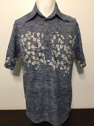 Vintage 70s Off Shore Newport Beach Reverse Print Hawaiian Shirt M Blue Floral