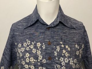 Vintage 70s Off Shore Newport Beach Reverse Print Hawaiian Shirt M Blue Floral 2