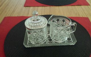Vintage Cut Glass Creamer And Sugar Bowl With Tray