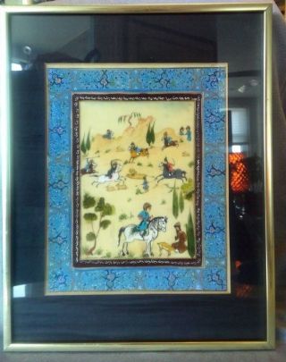 Atq Vtg Islamic Persian Painting On Camel Bone Horse& Hunter Lion Hand Painted