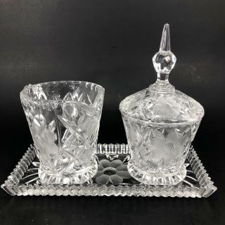 Antique Eapg Crystal Clear Pressed Glass Cut Flower Creamer & Sugar Bowl Set