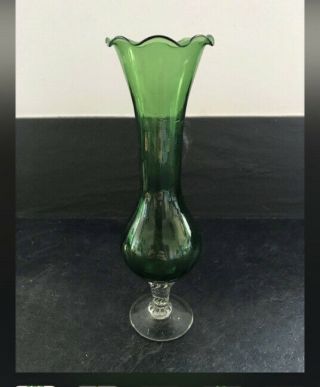 Vintage Green Glass Fluted Vase With Clear Glass Twisted Stem