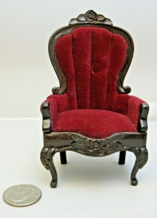 Sonia Messer Victorian Style Arm Chair Dark Red Velvet Ornate Roses Carving 1:12
