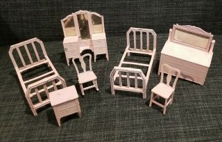 7 Pc Set Antique Metal Tootsie Toy Pink Bedroom Doll House Furniture Bed Dresser