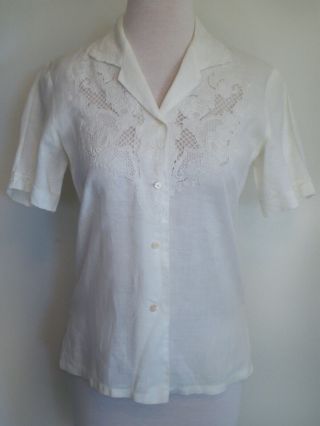 Vintage Daffodil White Linen Hand Embroidered & Cutwork Tailored Blouse S - 34
