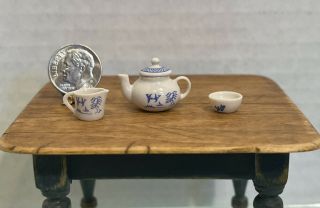 Vtg Uk Artist Avon/d&k Brown Blue Willow Tea Pot Set Dollhouse Miniature 1:12