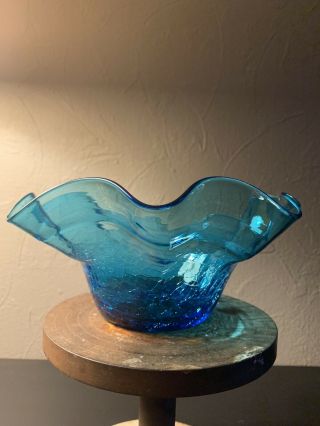 Vintage Hand Blown Blenko Turquoise Teal Blue Crackle Glass Ruffled Bowl 9”