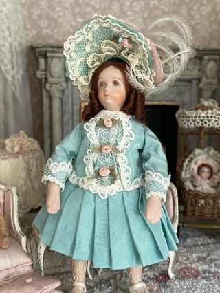 Vintage Artisan Miniature Dollhouse Doll Porcelain Victorian Girl Silk Dress 90s