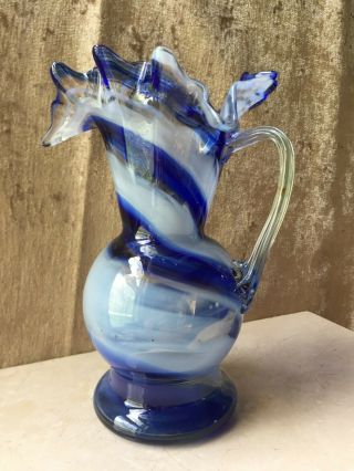Vintage Art Glass Blue White Swirl Pitcher Vase Ruffled Edge 7 "