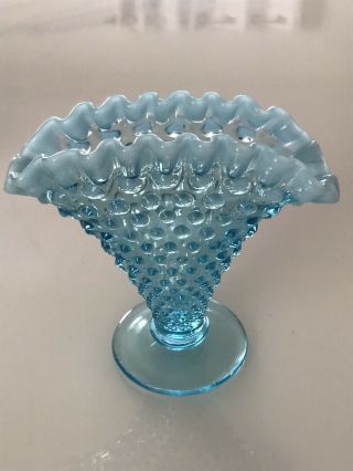 Vintage Fenton Glass Blue Opalescent Hobnail Ruffled Vase 4 1/2” Tall.