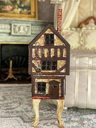Vintage Miniature Dollhouse Artisan Unique Plaster Wood Doll House On Legs Ooak