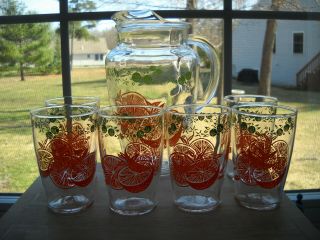 Vintage Bartlett - Collins Mid - Century Orange Juice Decanter 6 Glass Set