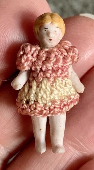 Antique Miniature Tiny Dollhouse Bisque Blond Girl Doll Carl Horn 1.  25” Pink