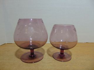 Brandy Snifter Amethyst Etched Glass Grape And Leaf Patter Set Of 2