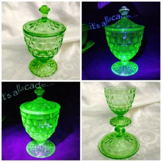 1 Antique Green Depression Uranium Vaseline Glass Footed Candy Nut Dish With Lid
