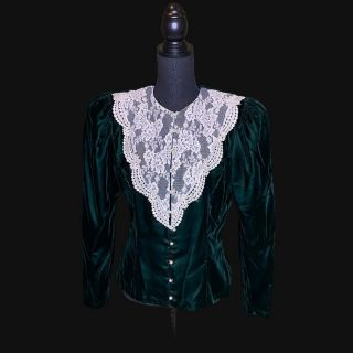 Vge Jessica Mcclintock Gunne Sax Green Velvet Victorian Style Embroidered S 10