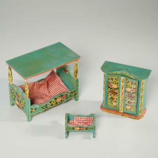 Vintage Dora Kuhn German Hand Painted Dollhouse Furniture,  (3) Pc.  Bedroom Set