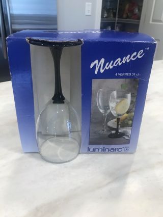 4 Vintage Luminarc France Black Stem Wine Glasses Arcoroc Nuance