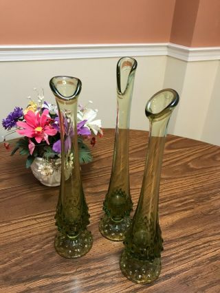 Older " Fenton " Olive Green Hobnail Bud Vases.  (2) 10 - 1/2 " And (1) 11 - 3/4 " Tall.