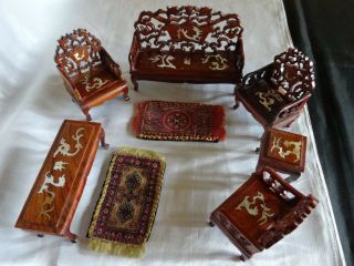 Dollhouse Living/sitting Room Set Mother Of Pearl Inlaid Carved Wood 8 Pc 2 Rugs
