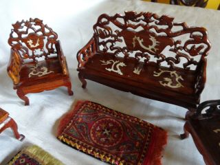 Dollhouse Living/Sitting Room Set Mother of Pearl Inlaid Carved Wood 8 pc 2 Rugs 2
