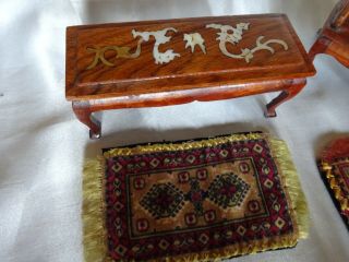 Dollhouse Living/Sitting Room Set Mother of Pearl Inlaid Carved Wood 8 pc 2 Rugs 3