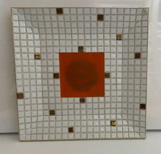 " Georges Briard " Mid Century Mosaic Tile Tray Signed Orange Gold Brass