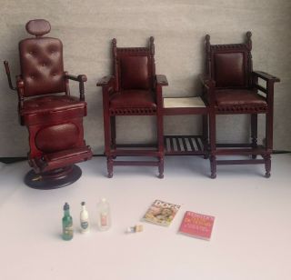 Vintage Bespaq Barber Shop Set Chair Bench Chairs Accessories Dollhouse