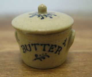 Jane Graber Miniature Vintage Stoneware Lidded Butter Crock Signed 2002