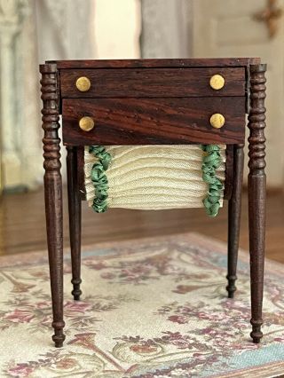 Vintage Miniature Dollhouse English Artisan Walnut Sewing Table Pleated Silk