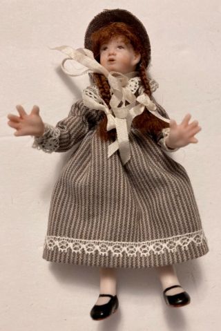 Vintage Dollhouse Miniature Porcelain Girl Doll,  Brown Pin - Striped Dress,  4.  25”