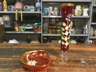 Vintage Ruby Red Venetian Murano Hand Painted Glass Vase & Ash Tray Gold Trim