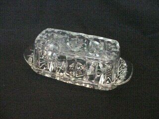 Vintage Clear Cut Glass Covered Butter Dish Etched Star Burst Lid And Base 73/8 "