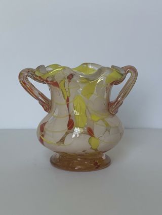 Vintage Fenton? Art Glass Hand Blown Vase 3 1/2” Yellow Red White Pulled Handles