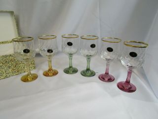 Vintage Cristalleria Fratelli Fumo Wine Glasses,  3 Colors,  Italy.  Set Of 6 Nib