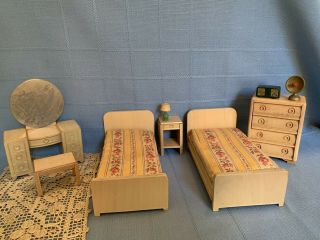 Vintage Strombecker Wood Dollhouse Furniture Bedroom Set W Vanity Miniatures