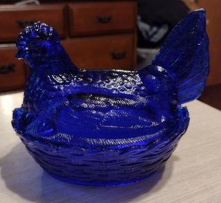 2pc Cobalt Blue Glass Hen Chicken On Nest Basket Candy Dish Covered