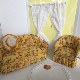 1:12 Scale Miniature Dollhouse Area Rug.  Sofa,  Chair,  White Tie Back Curtain