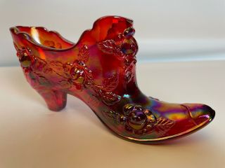 Vintage Fenton Art Glass Ruby Red Cabbage Rose Hallmarked Shoe Slipper Carnival