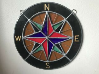 Stained Glass Compass Suncatcher Or Wall Hanging; 8 1/8 " Diameter