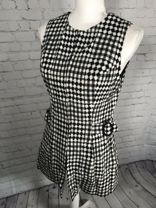 Mod Vtg 60s Mod Black White Checked Belted Zip Up Micro Mini Dress Or Top S/m