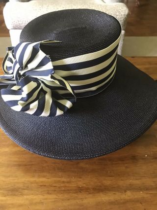 Vintage Frank Olive Saks Fifth Ave Woven Hat Wide Brim Blue Striped Bow 1960s