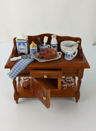 Reutter 1:12 Miniature Doll House Holiday Prep Table Ham Spice Jars Cleaver Soup
