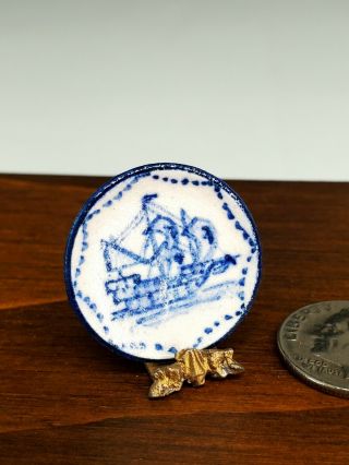 Vtg Signed J.  Clark Ceramic Plate Artisan Dollhouse Miniature 1 " Ohio Blue Ship