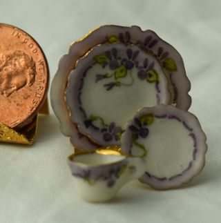 Dollhouse Miniature Artisan Jo Parker Porcelain China Lavender Cup Saucer Plates 2