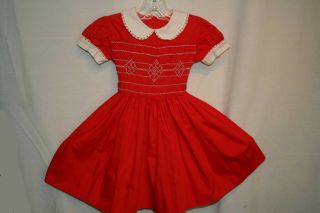 Approx Sz 4 - 5 1950s 60s Girls Dress Childs Red Smocked Full Skirt Back Tie