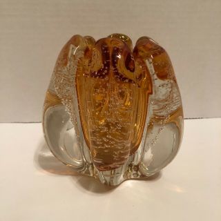 Tozai Home Hand Blown Amber Art Glass Ruffle Vase / Candle Holder